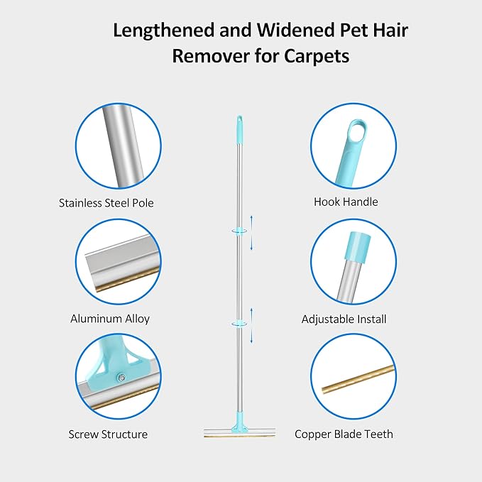 Carpet Rake for Pet Hair Removal 3-Section Dog Hair Remover Broom for Couch, Rug Fluffer for Matted Carpet, Reusable Tool for Furniture, Stairs & Car Interiors