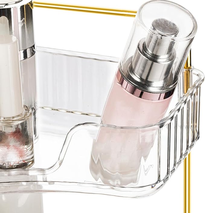 3 Tiers Corner Bathroom Counter Organizer, Clear Countertop Shelf Storage Rack, Cosmetic Perfume Tray Standing Holder with Gold Metal Pole, Skincare Sink Organizer for Vanity Kitchen