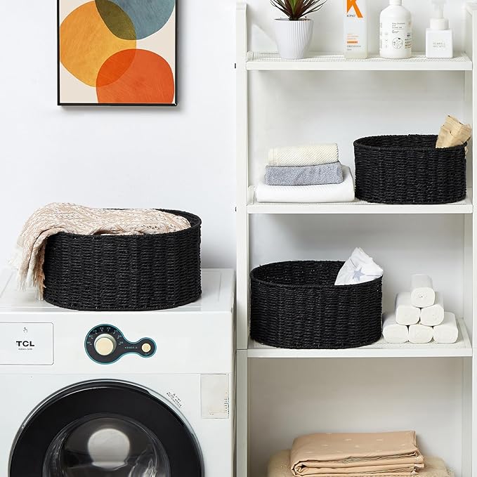 Vagusicc Wicker Basket, Set of 3 Round Storage Baskets for Organizing, Woven Paper Rope Wicker Storage Basket with Handles, Black Cube Storage Organizer Bins Baskets for Shelves & Decor, Black