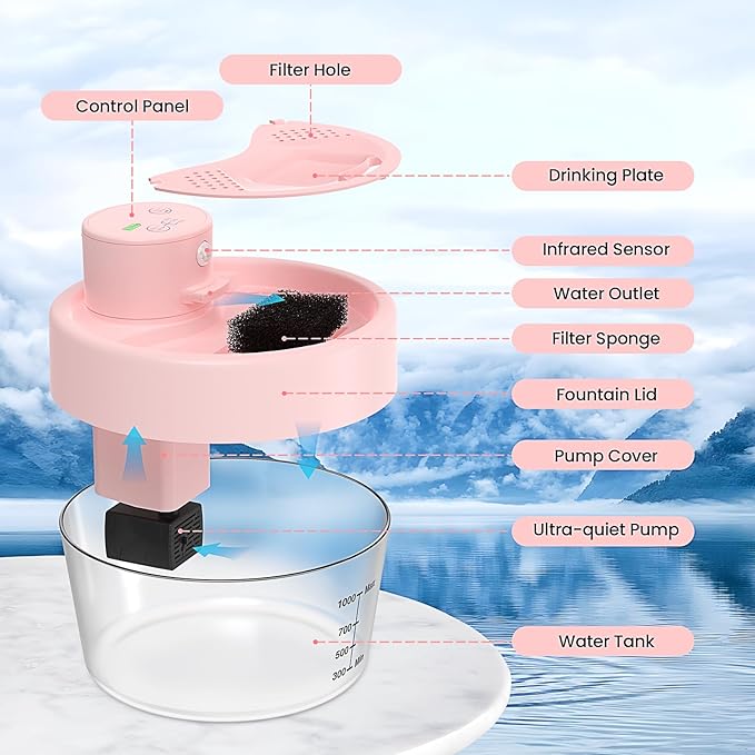 MASBRILL Cat Water Fountain, 1L Wireless Water Fountains for Cats Indoor - Battery Operated Cat Fountains for Drinking with Filter/Motion Sensor/Silent Pump