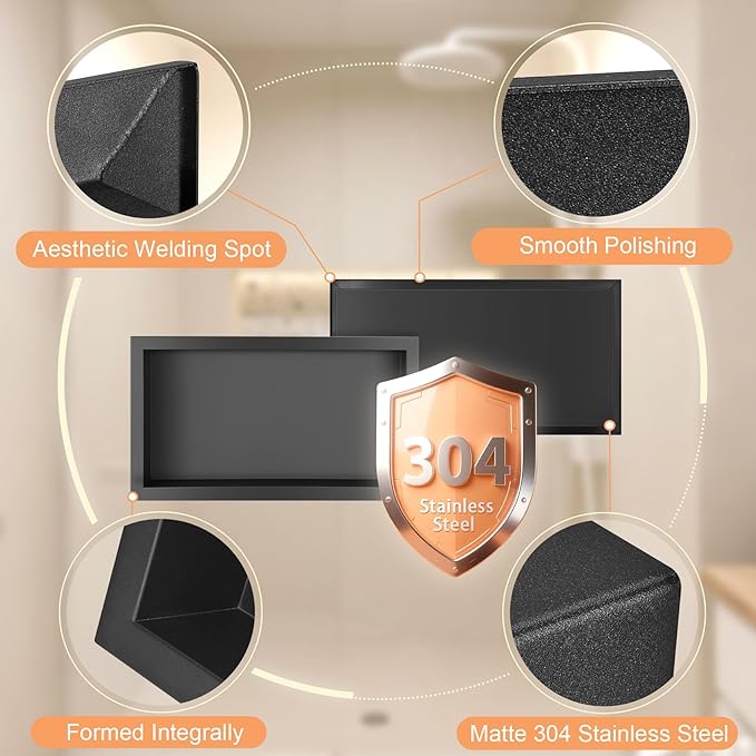 Suteck Shower Niche, 12"x24" Shower Niches Ready for Tile,Stainless Steel Shower Shelf Insert Niches for Tile Showers,Single Niche Tile Recessed for Bedroom,Living Room,Toile,Bathroom Storage Black