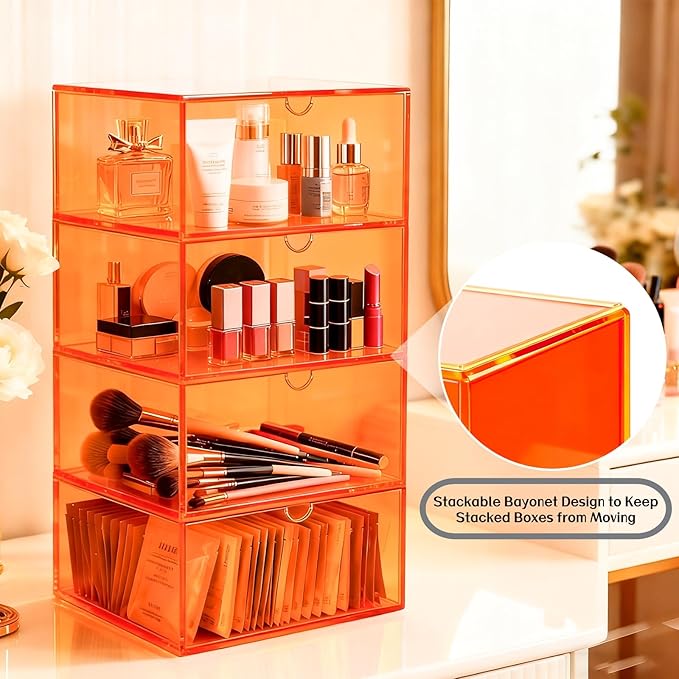 Acrylic Desk Organizer with Drawers Stackable Makeup Organizer for Vanity Office Countertop Cosmetic Display Cases Makeup Storage Box, Neon Orange
