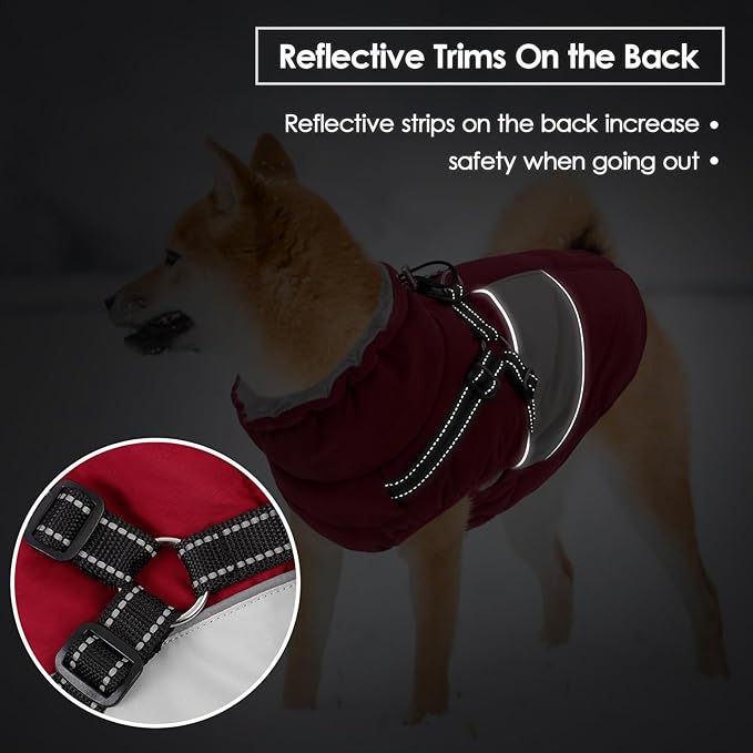 SUNFURA Dog Jacket, Large Dog Coat with Harness Built in, Warm Pet Winter Jacket Zippered Snow Coat with Furry Collar, Waterproof Fleece Snowsuit for French Bulldog, Burgundy L