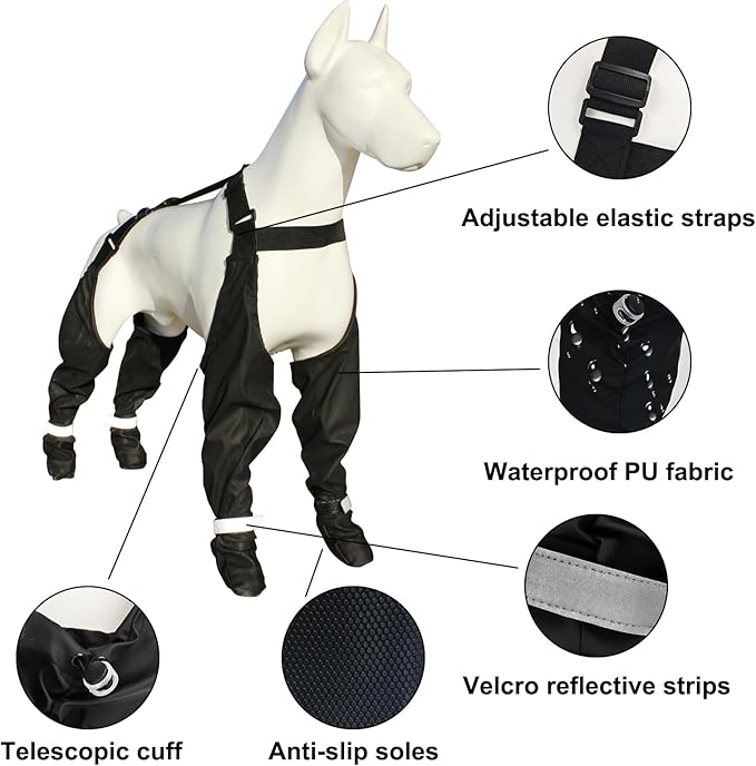 Dog Suspender Boots, Waterproof Tall Shoes Legging for Medium Large Dog, Dog Adjustable Suspender Boots for Winter Snow Rain Hiking Paws Protector