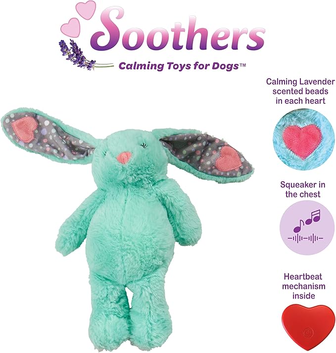 SPOT Soothers Heartbeat Bunny – 12 Inch Calming Plush Toy for Dogs & Puppies – Heartbeat Mechanism, Lavender Scent Beads, and Squeaker – Helps with Anxiety & Crate Training, Assorted Colors
