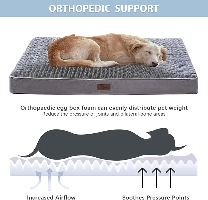 WNPETHOME Orthopedic Large Dog Bed, Extra Large Waterproof Dog Bed with Removable Washable Cover & Anti-Slip Bottom,Egg Crate Foam Pet Bed Mat,Soft Rose Plush Pet Crate Mat
