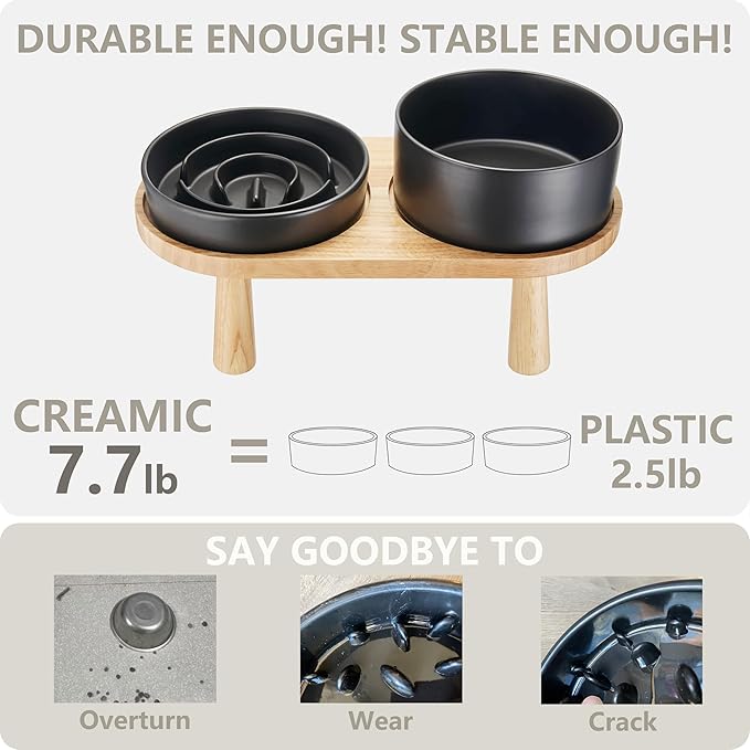 Ceramic Slow Feeder and Water Bowl Set for Medium and Large Dogs, 8.0 Inches Ceramic Dog Bowls Elevated with Wooden Stand, 2.0 Cups Dog Slow Feeder(30oz) and 70oz Water Bowl Set, Black