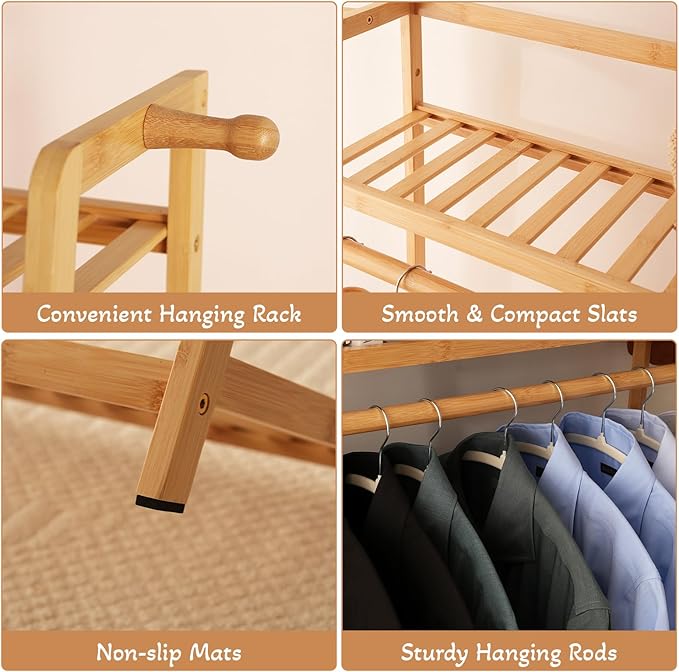 Bamboo Garment Rack 9 Tier Storage Shelf Coat Clothes Hanging Rack, Portable Wardrobe Closet Organizer With Top Shelf, Shoe Storage Shelves for Bedroom (Natural - 74.8 in)