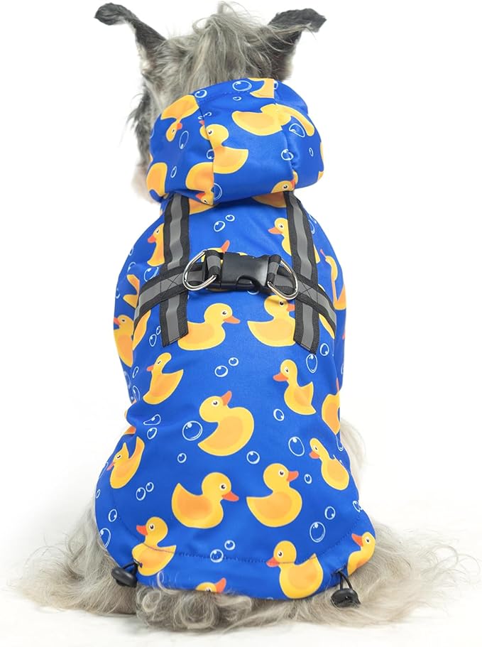 PUPTECK Dog Raincoat with Hood & Harness Built-in, Waterproof Dog Rain Jacket Slicker Poncho Reflective Vest Clothes for Rainy Snowy Winter Cold Days, Blue Duck M