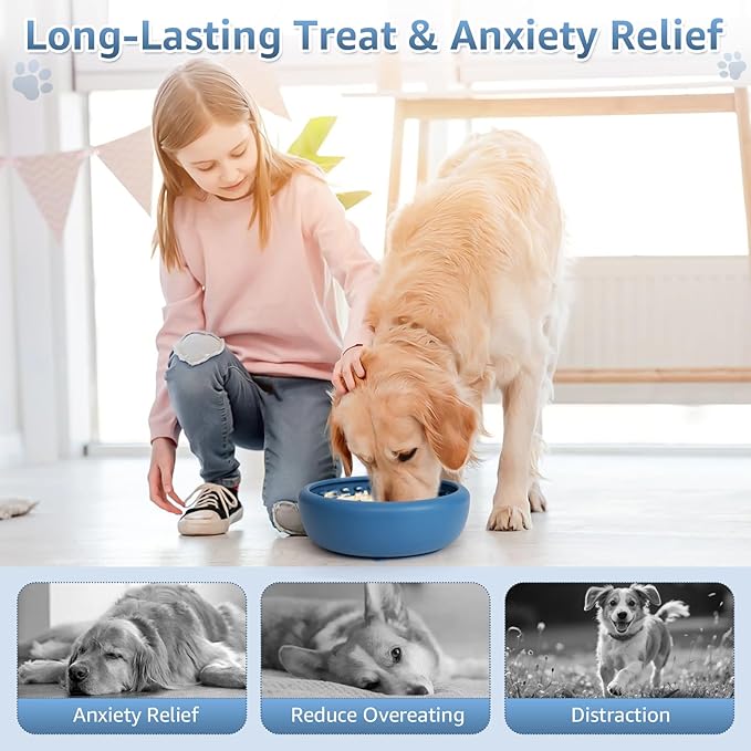 Dog Lick Bowl, ZOURYNUA Non-Slip Slow Feeder Dog Bowls, Enrichment Licking Mat for Distraction, Anxiety Relief Treat Dispenser Freezer, BPA Free Silicone & Dishwasher Safe (Dark Blue, Small)