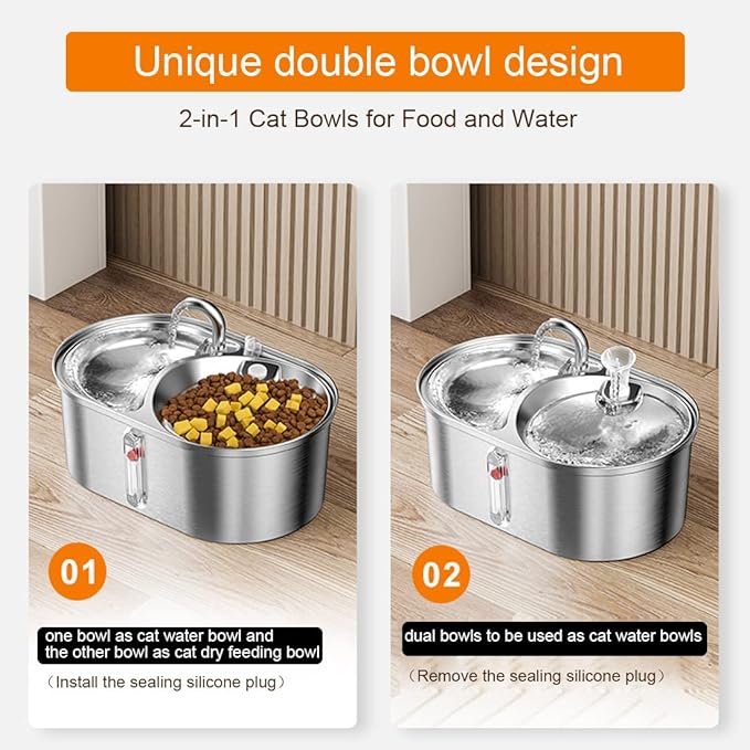Dual Bowl Cat Water Fountain 3L/101oz,Stainless Steel Pet Drinking Fountain,2-in-1 Cat Bowls for Food-Wate(Water-Water),Ultra-Silent Automatic Dog Water Dispenser with Pump and 5 Filters