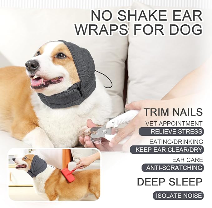 Ear Muffs for Dogs,Calming Hoodie Thunder Head Wrap,No Shake Anxiety Relief Pet Covers Ear Noise Protection Vest for Dogs for Fireworks,Vet Visits,Bathing(Grey,S)