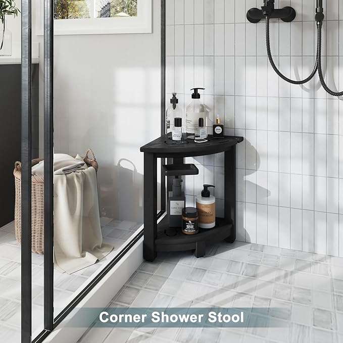 NALONE Corner Shower Stool, HDPE Shower Bench for Inside Shower, Small Shower Chair Seat for Shaving Legs with Storage Shelf, Soap Box and No-Slip Feet (Black)