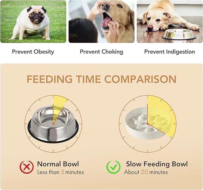 Ceramic 1.6 Cup Raised Slow Feeder Dog Bowl Set, Elevated 7.3inch Bowl and 8.2inch Slow Feeder Dish with Acacia Wood Stand for Medium and Large Dogs (2 x Vanilla White+ Stand)