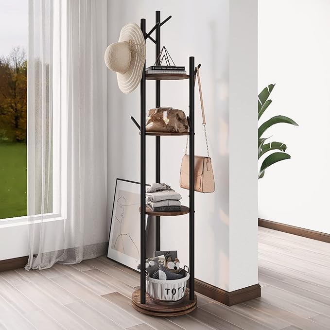 Rotary Coat Rack Freestanding Metal Coat Hall Tree Stand with 4 Tiers Storage Display Shelf and 9 Hooks for Entryway Bedroom Corner Office Garment Clothes Holder (Brown)