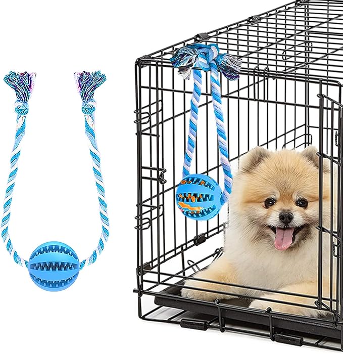 Interactive Dog Chew Toys Crate Training Aids for Puppies, Puzzle Treat Dispenser with Rope Dogs Toy Ball Reduce Stress Anxiety Peanut Butter Dog Food Treat Dispenser Toys (Blue)