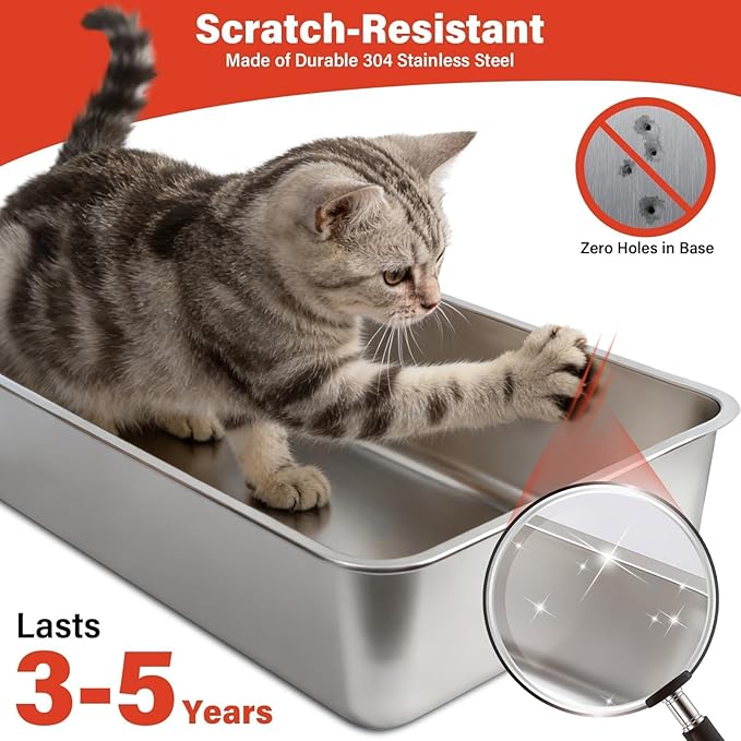 2PACK Stainless Steel Litter Box, Metal Litter Box with High Sides Lid, XL Large Cat Litter Boxes for Big Cats, Never Absorbs Odors, Anti-Urine Leakage, Easy Cleaning, Non-Stick, Include Scoop and Mat