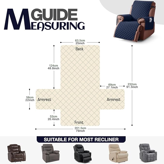 KinCam 100% Waterproof Recliner Chair Cover, Reclining Couch Covers for Pets, Dogs, Recliner Couch Slipcover Furniture Protector with Elastic Straps for Kids(25", Dark Blue)