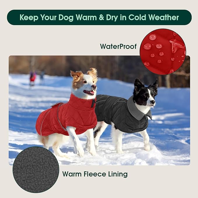 Kuoser Extra Warm Dog Coat, Windproof Cold Weather Dog Jackets for Large Dogs, Thick Fleece Lining Pet Turtleneck Snowsuit Reflective Adjustable Puppy Winter Coat Doggie Snow Jacket Red, XL