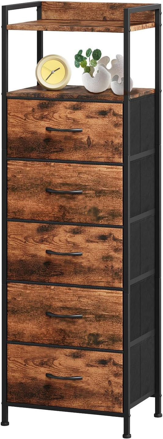 Somdot Tall Night Stand for Bedroom,Tall 5 Drawers Dresser, Vertical Storage Tower Unit, Nightstand Furniture with Fabric Drawer Organizer in Bedside Kids Room, Laundry Entryway, Wood Grain Print