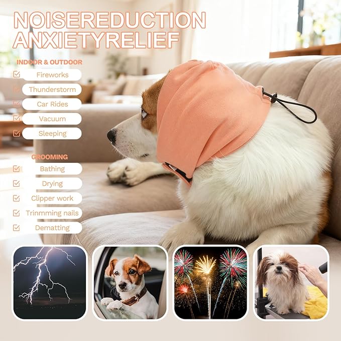 Ear Muffs for Dogs,Warm Winter Head Wrap Calming Hoodie,No Shake Anxiety Relief Pet Covers Ear Noise Protection Vest for Dogs Thunder Fireworks,Vet Visits,Grooming(Orange,S)