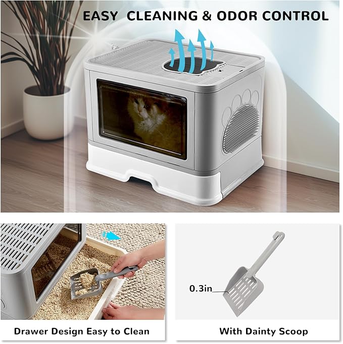 Foldable Box, Enclosed Potty with Scoop, Front Entry Top Exit Cat Litter, Closed Smell Proof Anti Splashing, Drawer Type Cat Litter Easy to Clean