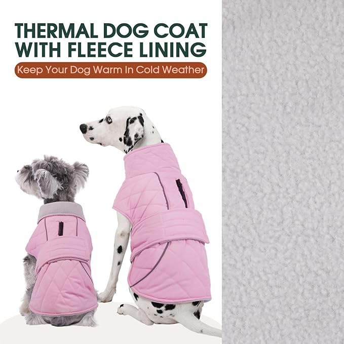 Kuoser Dog Coat Thermal Fleece Lined Dog Jacket, Adjustable Hook & Loop Dogs Coats for Medium Dogs Windproof Reflective Puppy Snow Jackets Pet Cold Weather Clothes with Harness Hole, Pink, M