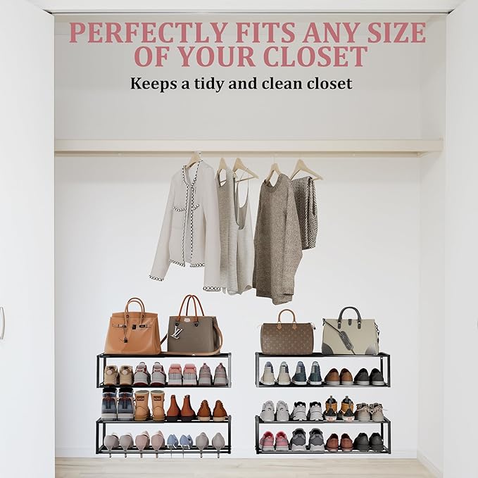 2 Pack Expandable Wall Mounted Shoe Rack, 17"-31" Adjustable Hanging Shoe Rack Holds 16 Pairs, Heavy Duty Metal Shoe Holder with 4 Storage Hooks, Space Saving for Entryway Closet Doorway（Black
