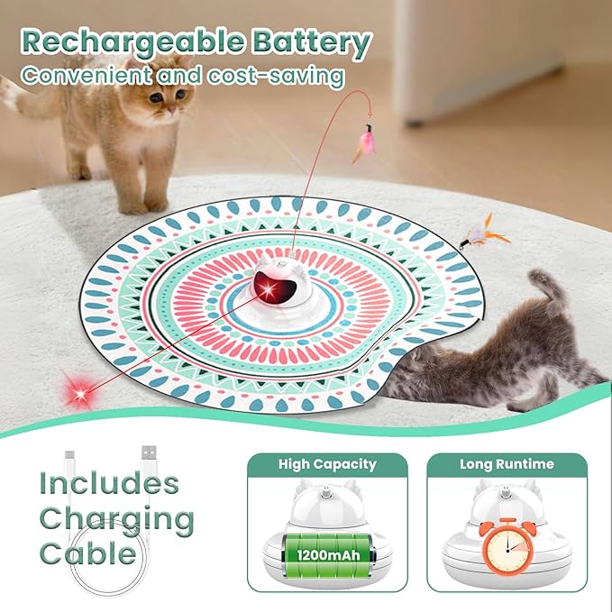 3 in 1 Automatic Interactive Cat Toy with Laser & Moving Feather, Hide and Seek Rechargeable Cat Toys for Indoor Cats, Exercise Laser Pointer Teaser Wand to Reduce Boredom