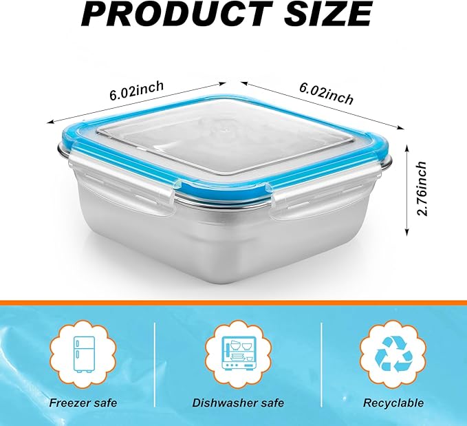 4 Pack Stainless Steel Sandwich Containers with Lids 25.4 oz Metal Food Container for Lunch Boxes with Airtight Silicone Seal for Sandwiches and Snacks(Light Blue)