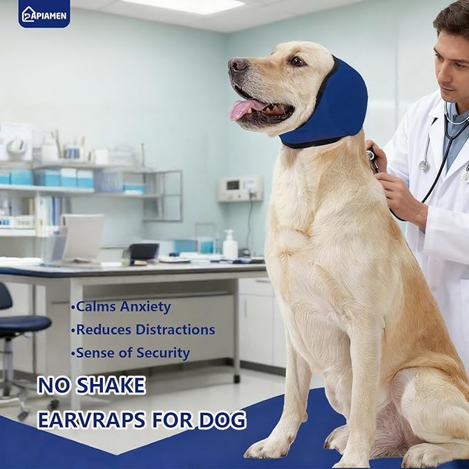 Dog Ear Cover for Hematoma,Bathing,Grooming,Drying,Fashion No Shake Ear Wraps for Dogs Ear Muffs Noise Protection Anxiety Relief,Waterproof Dog Calming Hoodie Shower Cap(Blue,M)