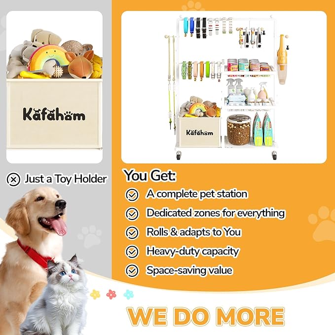 KAFAHOM Dog Toy Basket, Basket For Dog Toys Living Room, The Stuff For Dogs, Cat Toy Box, Dog Toy Bin, Toy Chest Storage, All-in-One Pet Supplies Organizer with Leash Hanging Rail and Locking Casters
