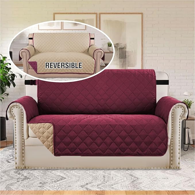H.VERSAILTEX Reversible Loveseat Couch Cover for 2 Cushion Couch Loveseat Slipcover Loveseat Cover for Dogs Water Resistant Furniture Protector with Elastic Strap(Loveseat, Red/Tan)
