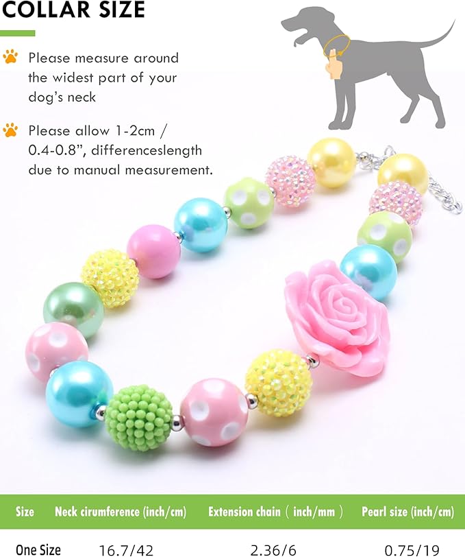 Hosiwei Princess Bubblegum Dog Collar Necklace, Chunky Beads (19mm) with Flower Charm Pet Collar | Adjustable Sparkling Pet Jewelry Accessory for Dogs, Daily Wear & Costume Parties (14-18 in)