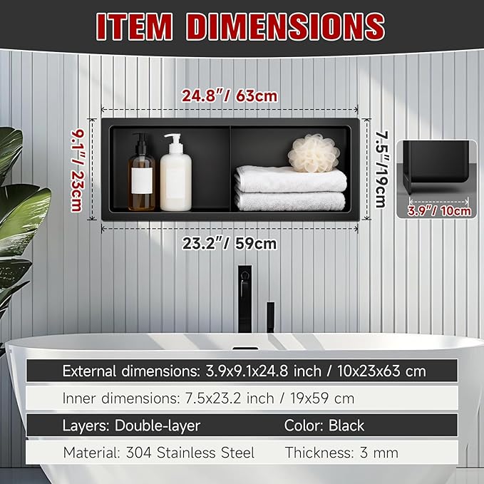 No Tile Needed Shower Niche 9"X 25", Bathroom Wall Niche Double Shelves, Stainless Steel Shower Niche for Bathroom, Kitchens, Balconies