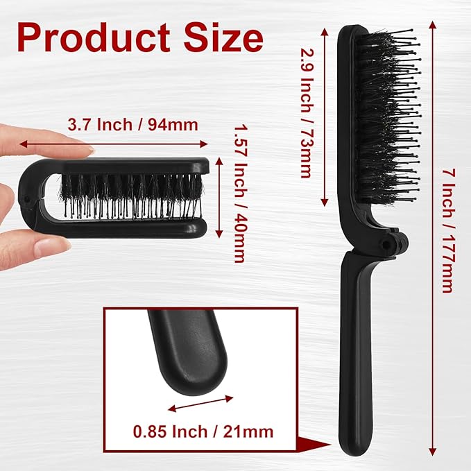 2 Pack Foldable Hair Brush Travel Hairbrush, Boar Bristle Hair Brush Portable Collapsible Pocket Comb for Women and Men, Suitable for Travel, Purse, Anti-Static Design (Black & Light Pink)