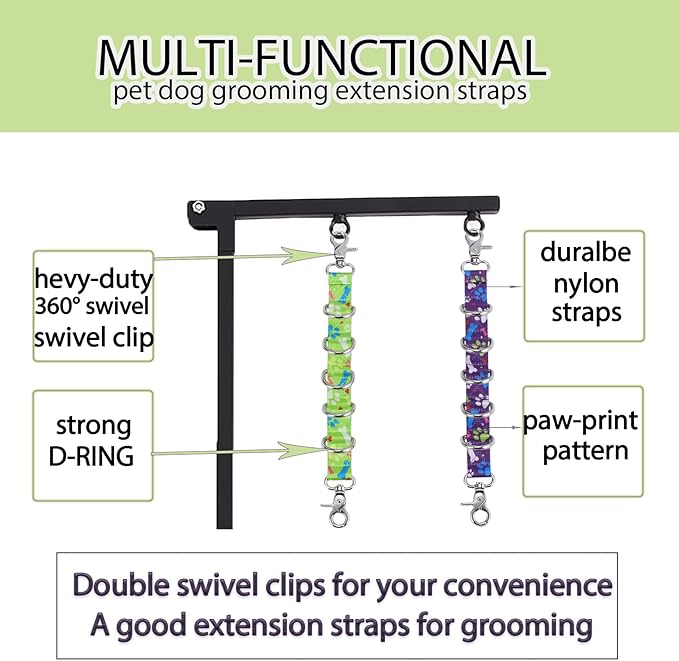 Dog Grooming Loops Table Supplies 2 Pack Cute Colorful Paw Pattern Restraint Loop Dogs Grooming Arm Extension Double Snap Hooks Extender with 5 D-Rings for Pet Salon & Daily Conveience