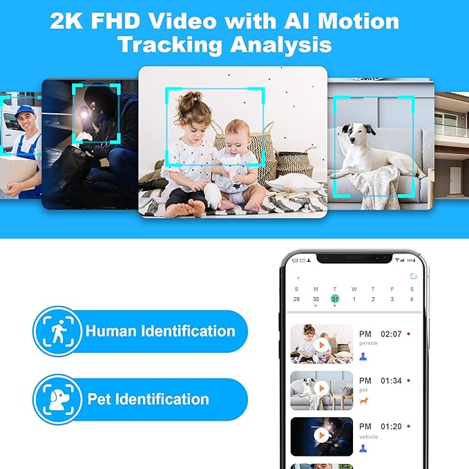 2K Indoor Camera, 5/2.4 GHz WiFi Pan/Tilt Security Camera with AI Motion Detection, One-Click Call for Baby Monitor, Wired Pet Camera with 2-Way Audio, 24/7, Siren Alarm, TF/Cloud Storage