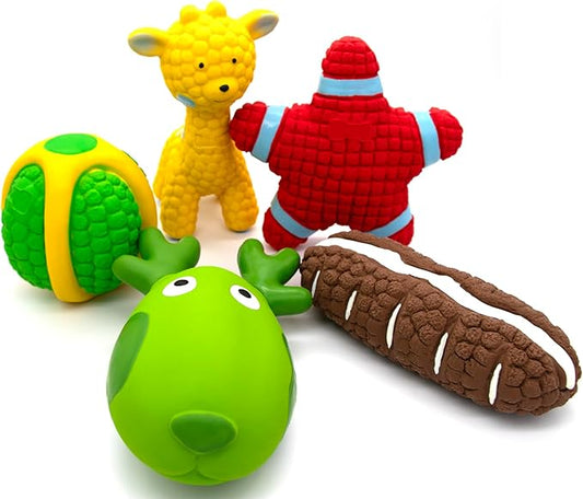 Natural Latex Dog Chew Toys 4&5 Piece Sets for Puppies&Dogs - Anxiety Relief&Teeth Cleaning Chew Toys, Waterproof for Indoor Outdoor Multiple Fun Themes (Set 8：Forest & Sea Explorer (5-Piece))
