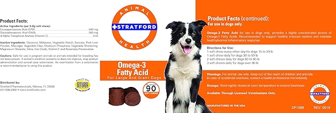 Stratford Pharmaceuticals EZ Chew Omega 3 Fatty Acid Soft Chew Max Strength - Dog Omega 3 Supplement - Soft Chew Treats with Fish Oil for Dogs - Large and Giant Dogs - 90 Soft Chews
