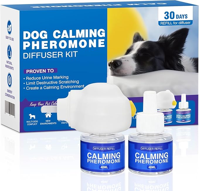 Dog Pheromones Calming Diffuser Anxiety Relief Calming Diffuser for Dog Reduce Aggression Stress Fighting Barking Chewing Pee Accidents & Separation Behaviors, 1 Plug in+2x48ml Refill