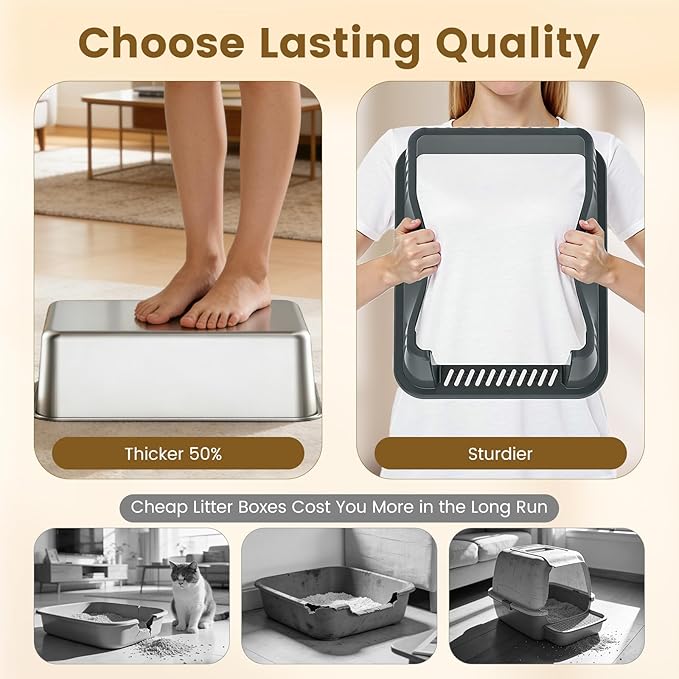 Stainless Steel Metal Litter Box for Kittens & Small Cats, 11.8" High Sides Prevent Litter Scatter, Open Top Litter Pan Anti-Leak & Easy Clean, Compact Space-Saving Size 17.3x13.4x11.8 Inches