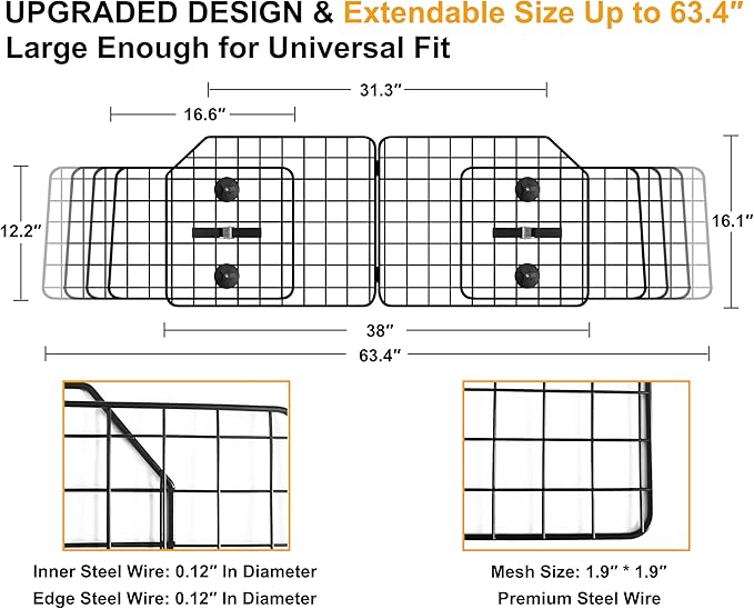 38-63.4 Inches Dog Car Barrier for SUVs, Van, Vehicles, Adjustable Large Pet Barriers, Universal Fit Heavy-Duty Wire Mesh Dog Guard, Foldable Divider Gate for Truck Cargo Area, Safety Car Divider