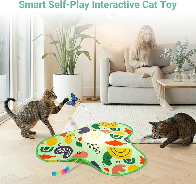 Smart Interactive Dog Toy, Pet Ball Toys Automatic Moving Bouncing and Rotating, Interactive Cat Toy for Indoor Cats, Rechargeable Touch Activated Kitten Toy with Dual Motion Butterfly & Feat