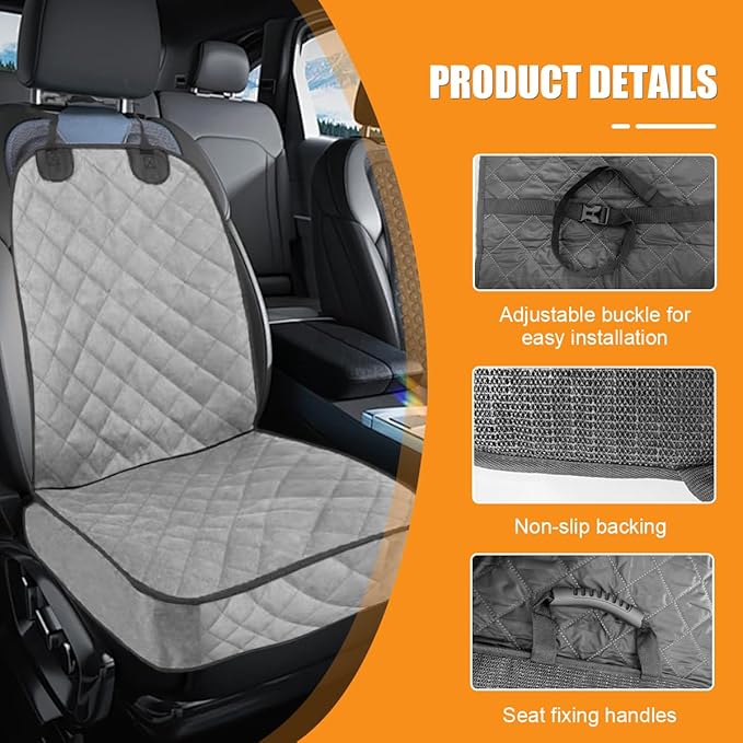 Dog Car Seat Cover, Waterproof & Scratch Proof Car Seat Protector with Side Flaps, Nonslip Front Car Seat Covers with Safety Belt, Universal Dog Mat for Cars, SUVs, Trucks (Grey)