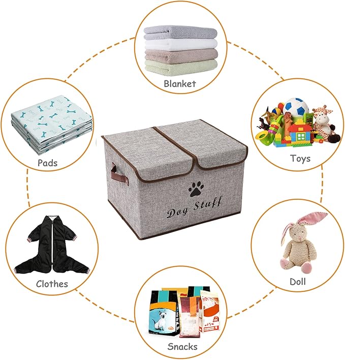Geyecete Large Storage Boxes - Large Linen Fabric Foldable Storage Cubes Bin Box Containers with Lid and Handles for Dog Apparel & Accessories, Dog Coats, Dog Toys, Dog Clothing(Grey)