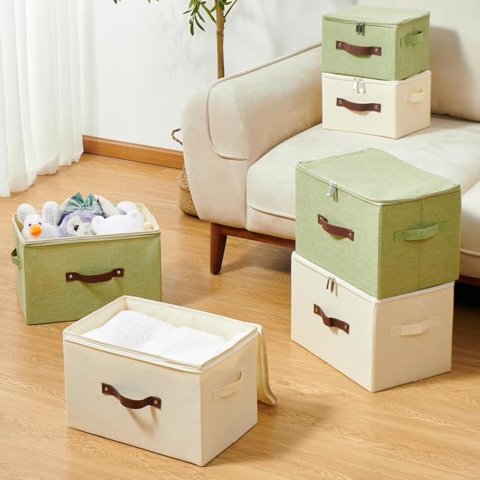2 Pack Storage Bins with Zipper Lid Cotton Linen Fabric Lidded Storage Baskets Boxes Foldable Washable Closet Shelf Clothes Organizer Container with PU Leather Handles (Beige, Small Size)
