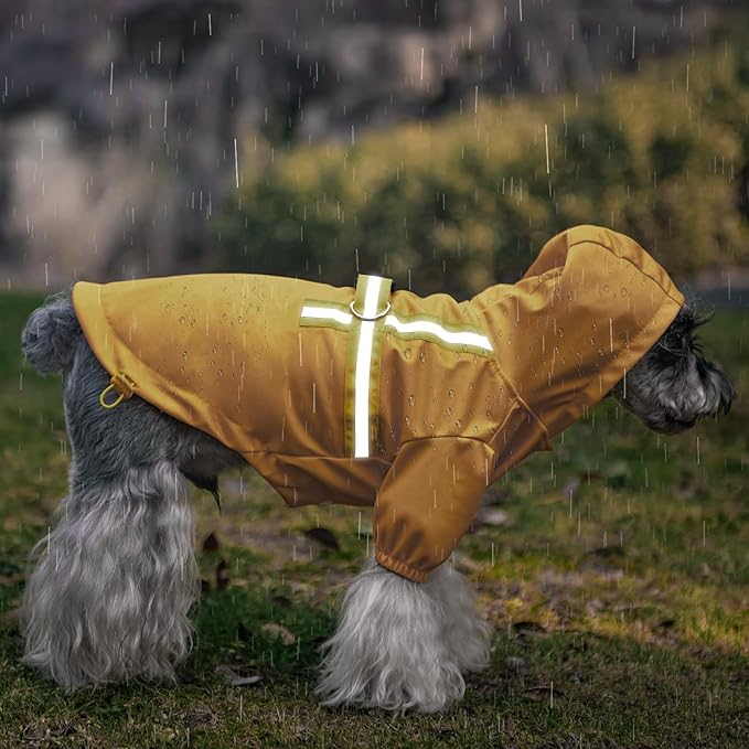 PUPTECK Dog Raincoat with Hood & Harness Built-in, Waterproof Dog Rain Jacket Slicker Poncho Reflective Vest Clothes for Rainy Snowy Winter Cold Days, Yellow XS