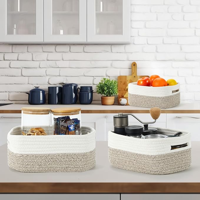 Bidtakay Small Cotton Rope Storage Baskets for Organizing 3 Pack Woven Baskets for Storage Closet Organizer Bins for Shleves 11.8×7.8×5 inch Cute Boho Decorative Basket with Handles - White&Tan