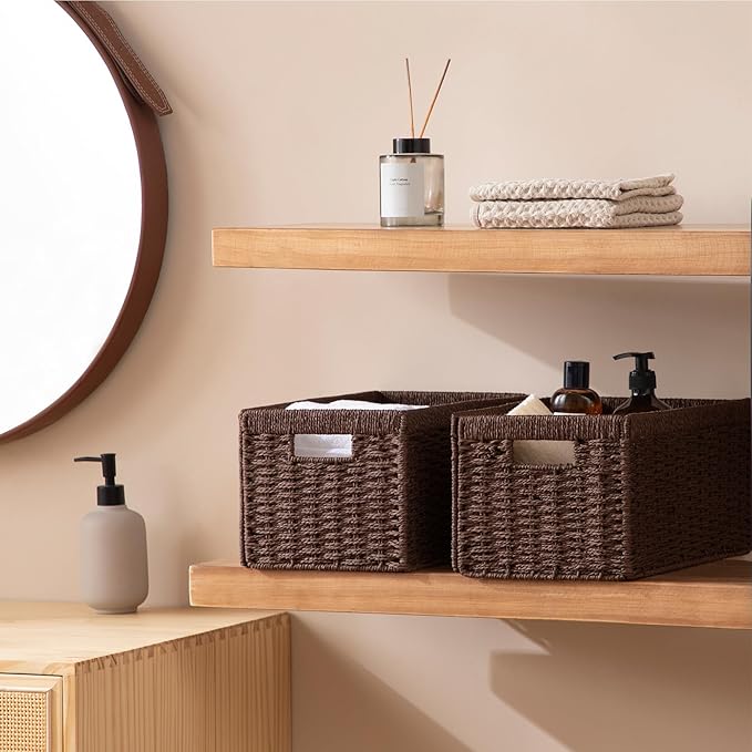 joybest Wicker Storage Baskets, Set of 4 Hand-Woven Paper Rope Dark Brown Baskets for Organizing, Foldable Rectangular Storage Organizer Bins for Shelves with Handles 13.4L x 8.3W x 7.1H